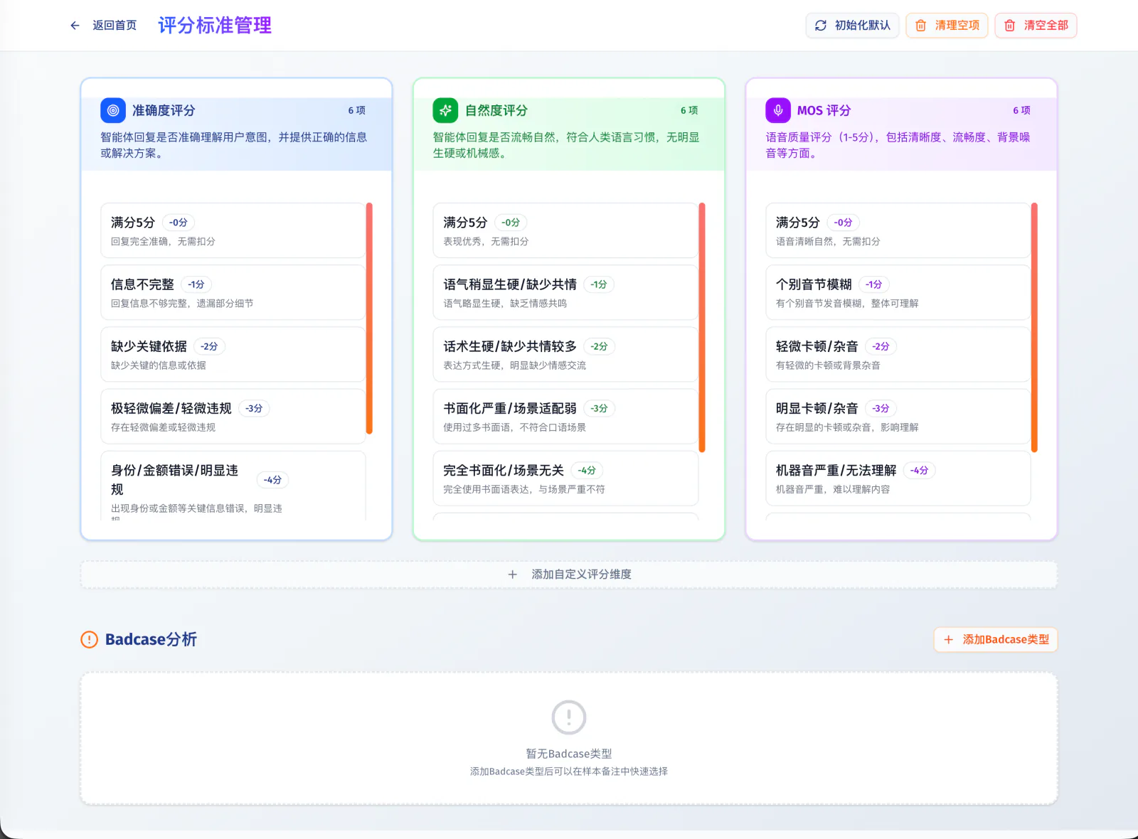评分标准管理：准确度、自然度、MOS 与自定义维度